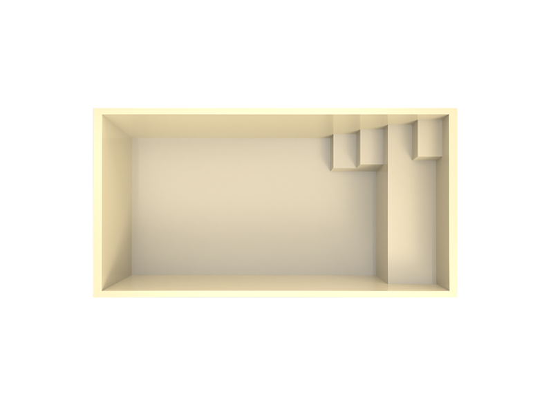 Vue de dessus de la piscine avec marches intégrées et plage immergée.