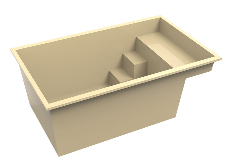 Vue en perspective 3D de la piscine Mahina : forme rectangulaire compacte et banquette de repos intégrée