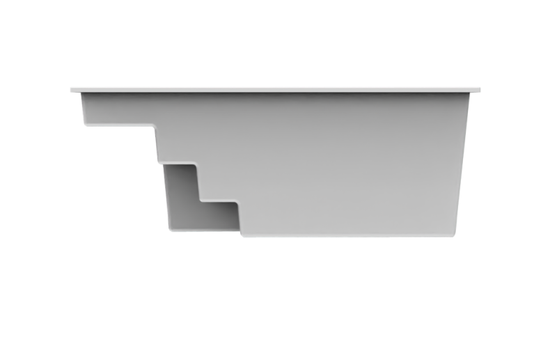 Illustration du profil de la coque Mahina, avec ses marches bien proportionnées et sa profondeur constante.