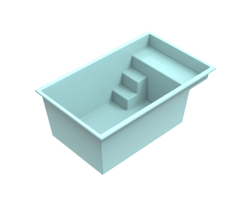 Modélisation 3D de la piscine coque Mahina – forme rectangulaire avec escalier d’angle pour une intégration facile même dans les petits jardins.