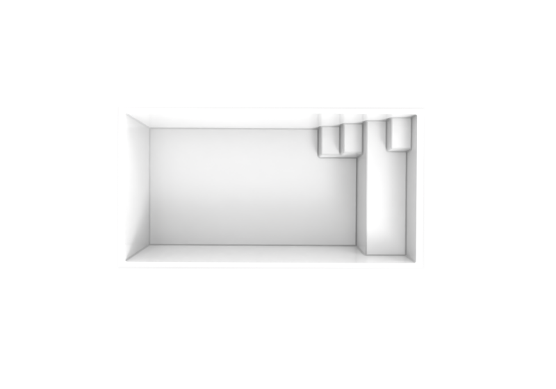 La vue de dessus en 3D montre la disposition des escaliers et la profondeur de la piscine Bora Bora installée à Pertuis.