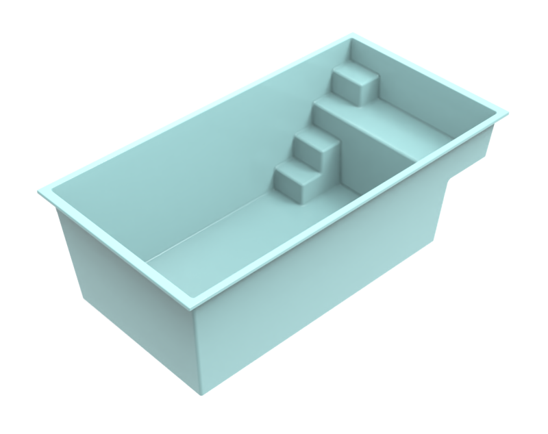 Design angulaire de la piscine coque Bora Bora, avec escalier intégré et banquette latérale pour un confort maximal.