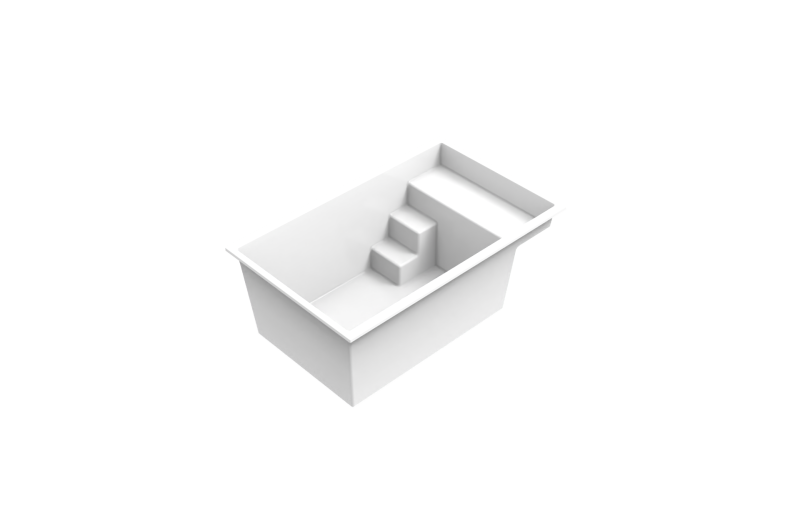 Vue 3D en perspective de la piscine Mahina, idéale pour les petits espaces avec ses lignes épurées et sa banquette intégrée.