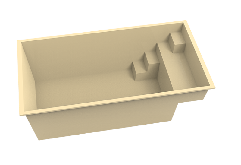 Modélisation 3D de la piscine coque Bora Bora en jaune Sahara, mettant en avant ses marches intégrées et sa structure compacte.