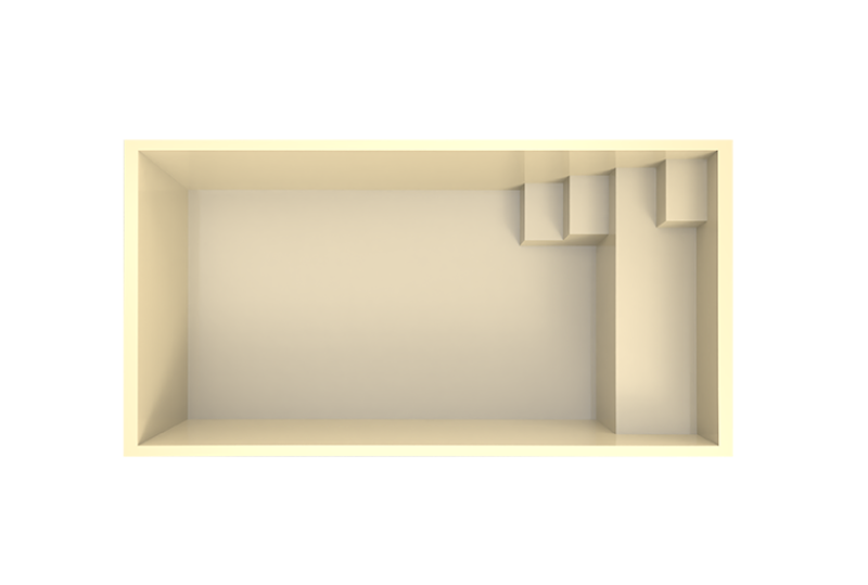 Vue de dessus de la piscine coque Bora Bora en finition jaune Sahara, idéale pour un petit jardin ou une terrasse moderne.