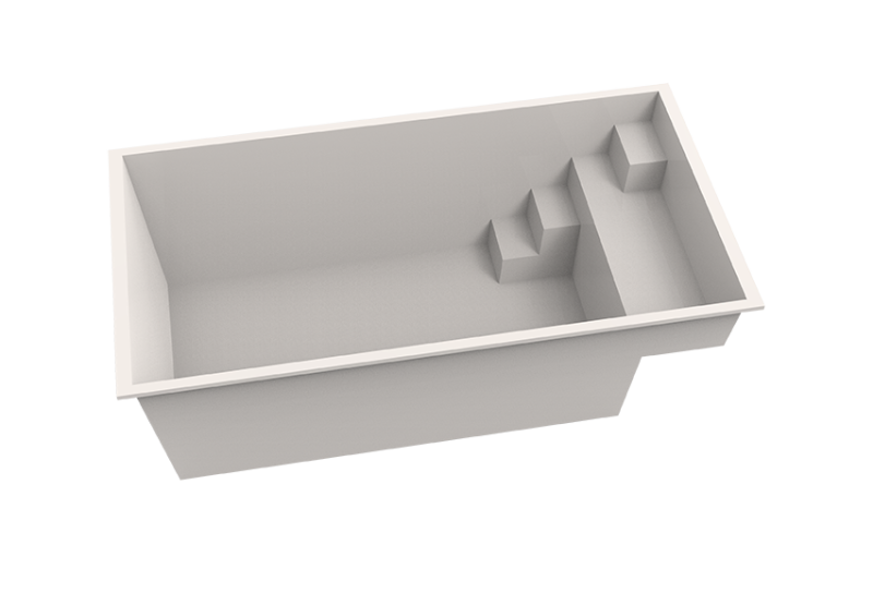 Modélisation 3D de la piscine Bora Bora – vue en perspective qui met en valeur les marches intégrées.