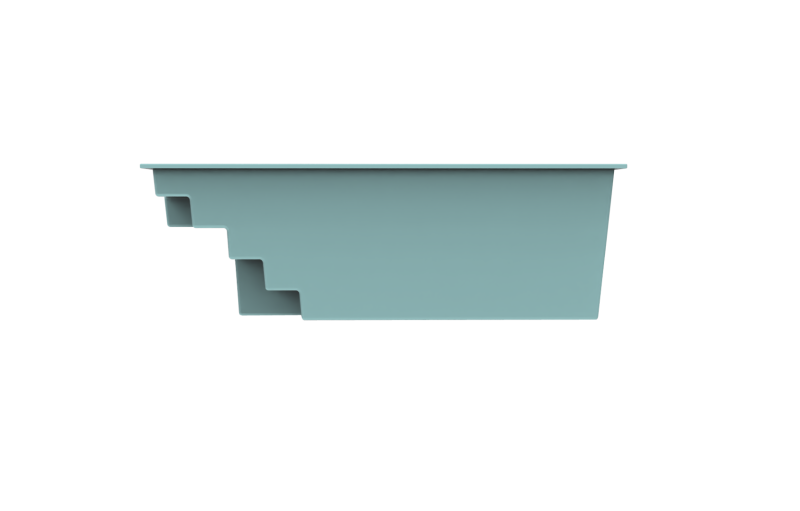 Vue de profil de la piscine coque acrylique Bora Bora, un modèle compact idéal pour les petits espaces extérieurs.