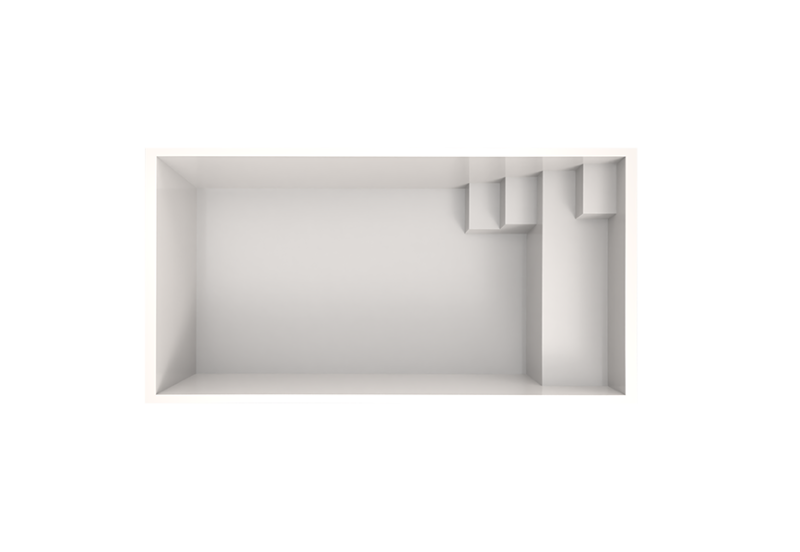 Vue aérienne de la piscine coque Bora Bora – Mini piscine compacte avec escalier intégré et banquette ergonomique.