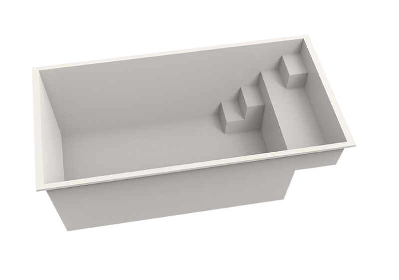 Modélisation 3D de la piscine Bora Bora, mettant en avant ses escaliers pratiques et sa banquette intégrée.