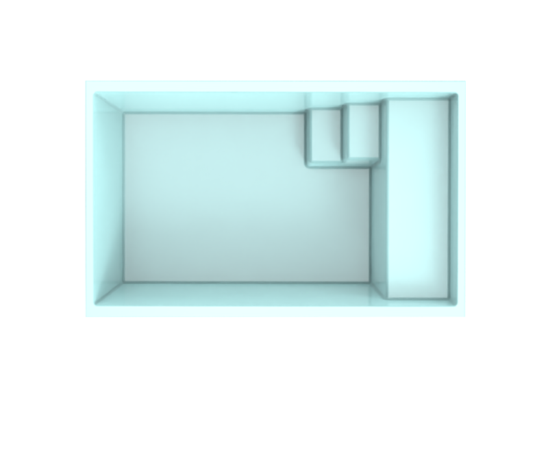 Vue du dessus du modèle Mahina – bassin compact 3,24 x 2 m avec escalier intégré pour optimiser la surface de nage.