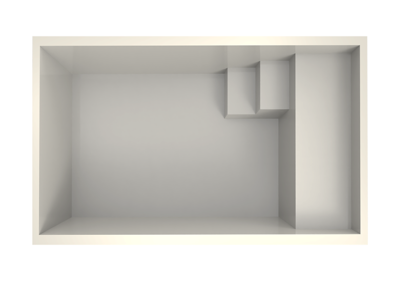 Vue du dessus de la piscine Mahina – Coque acrylique blanc cristal, forme rectangulaire optimisée pour petits jardins